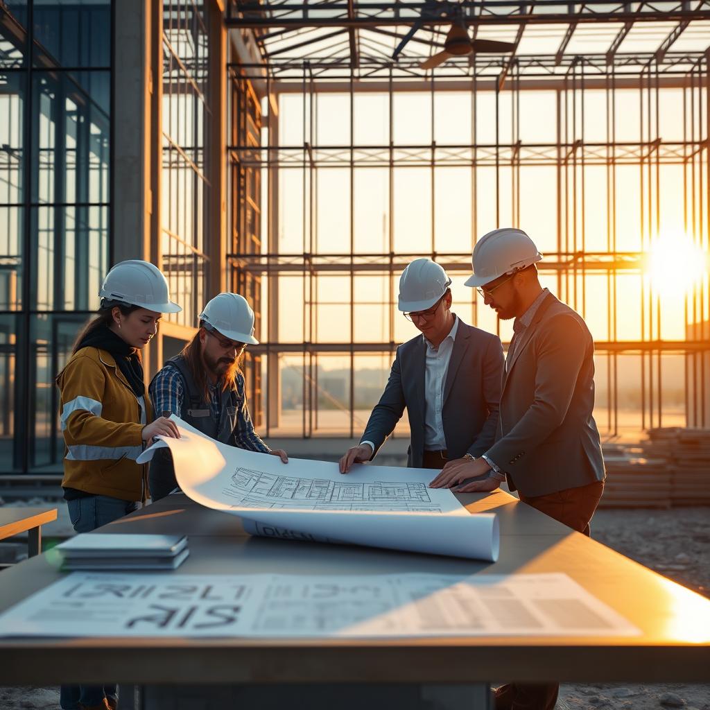 Professional contractor reviewing blueprints at a construction site